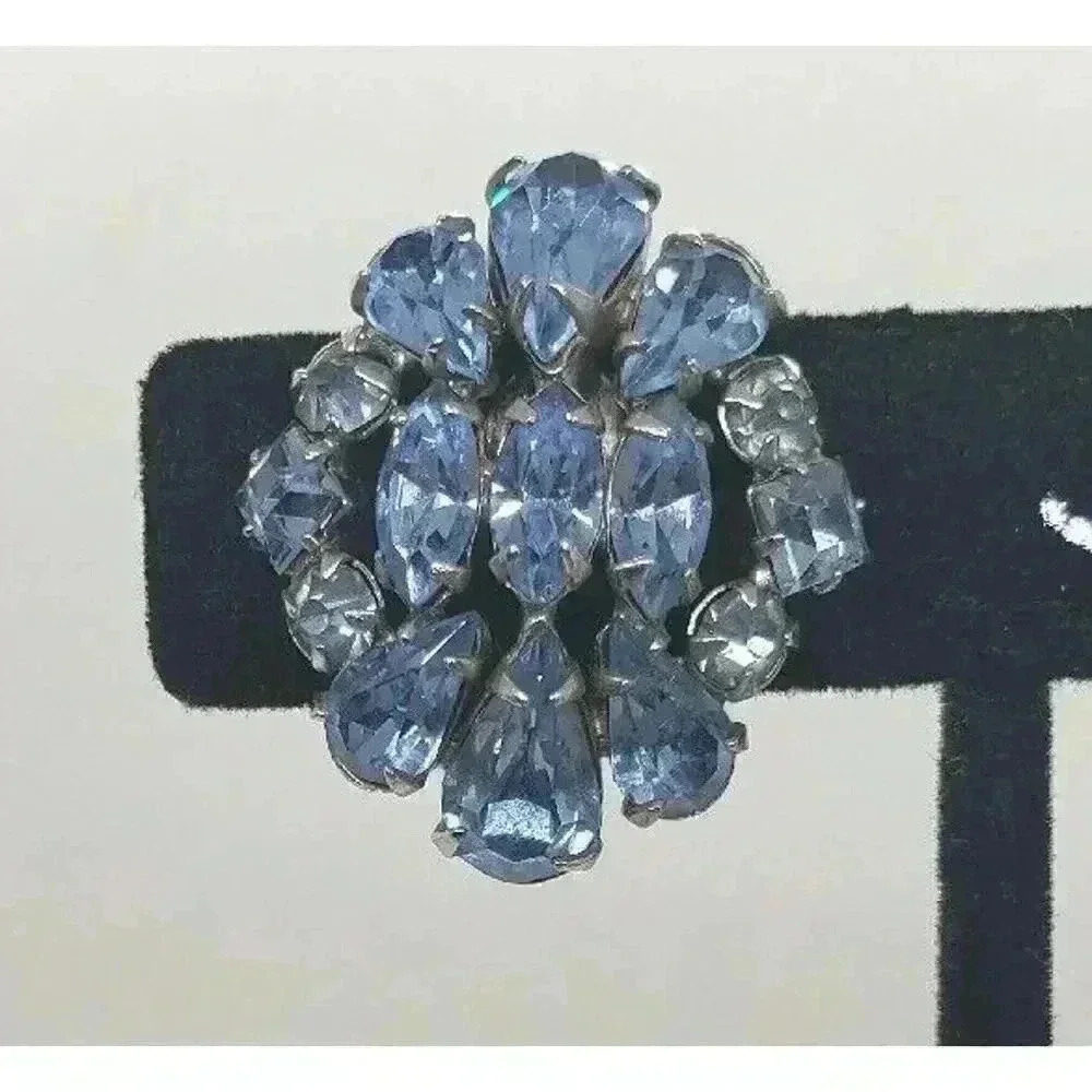 Vintage Earrings Rhinestone Baby Blue Rhodium Plated Clip Big Statement 50s - Picture 5 of 12